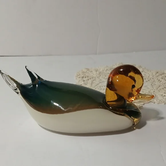 Murano Glass Duck Figurine - Green and Amber - Picture 8 of 13